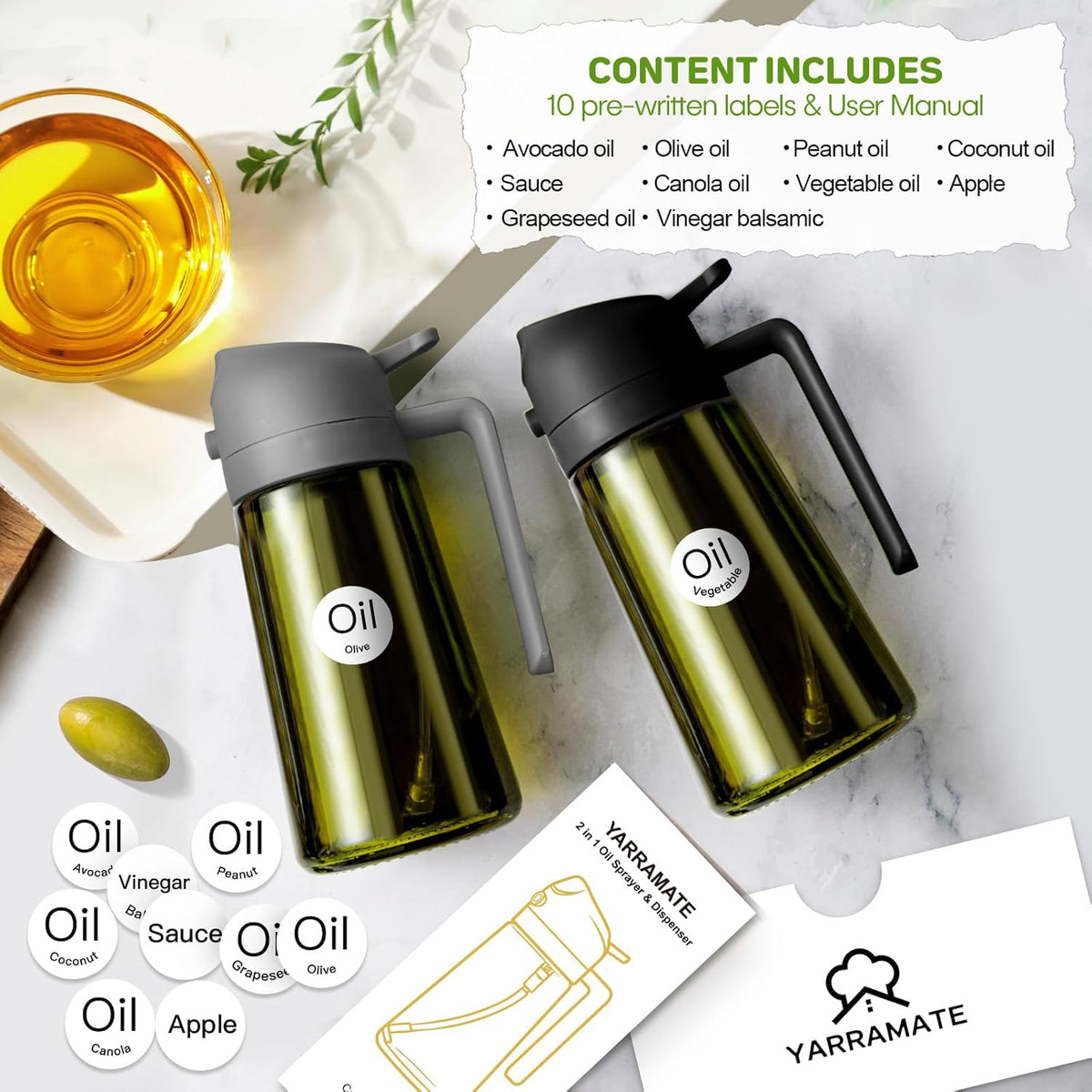 YARRAMATE 16oz/470ml Dark Green Oil Sprayer for Cooking with Stickers, Food-grade Premium 2 in 1