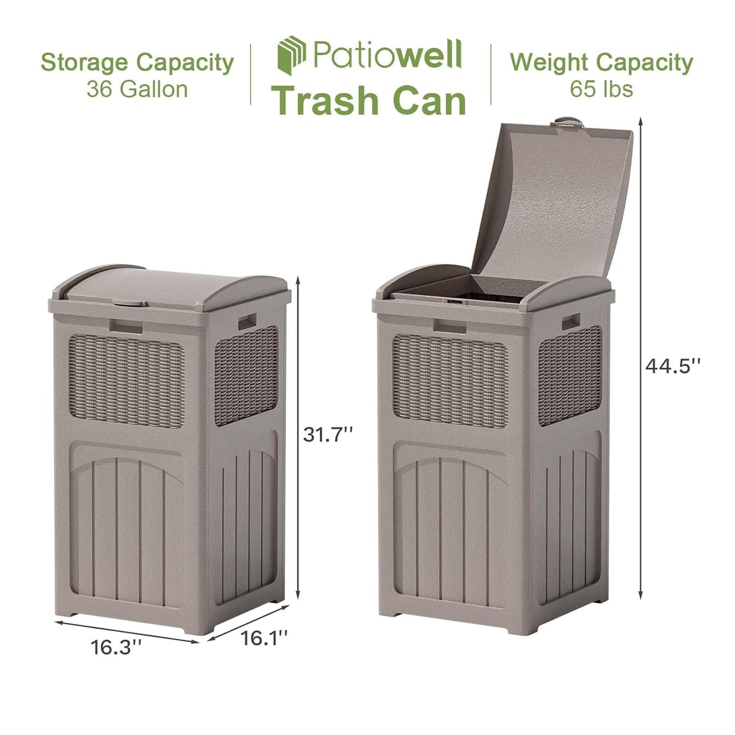 Patiowell 36 Gallon Outdoor Trash Can, Resin Outdoor Garbage Can with Lid for Patio, Backyard