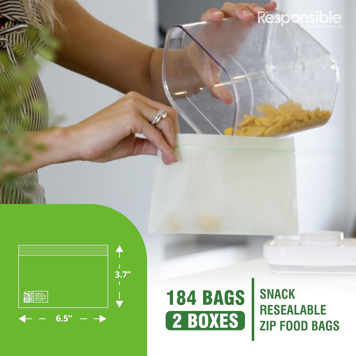 Responsible Products Certified Compostable SNACK Resealable Zip Bag, Extra Strength Food Bags