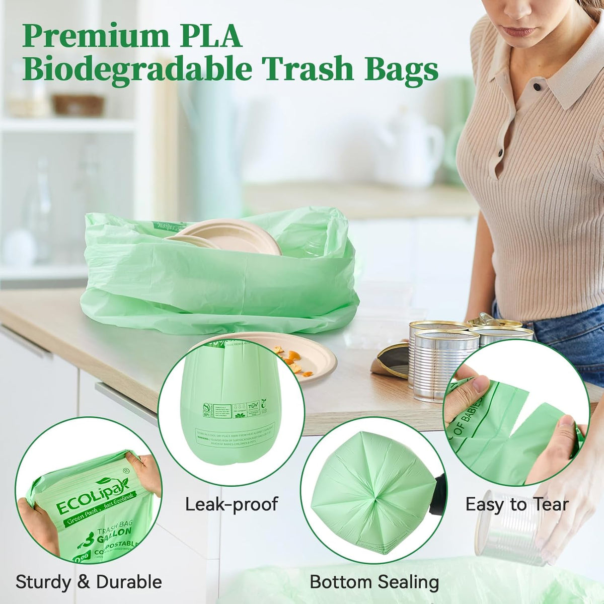 ECOLipak 13 Gallon Compostable Trash Garbage Bags, 100 Count (2 Rolls) Biodegradable Heavy Duty