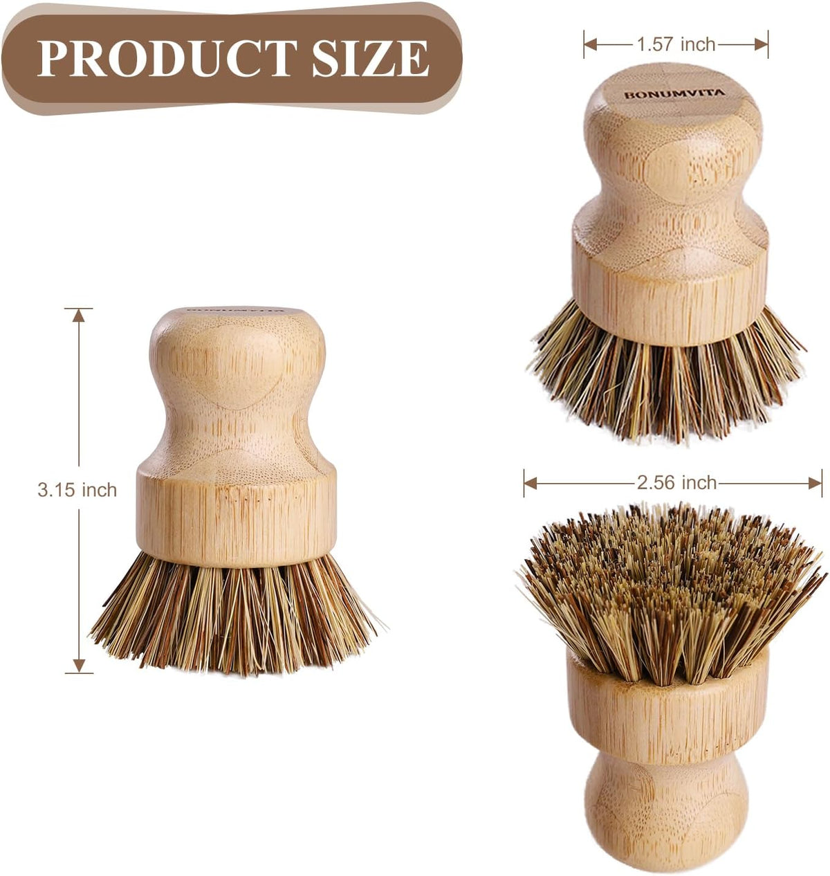 Bamboo Dish Brush Set,4 Pack Kitchen Palm Pot Brush with Union Fiber, Natural Bamboo Dish Scrub