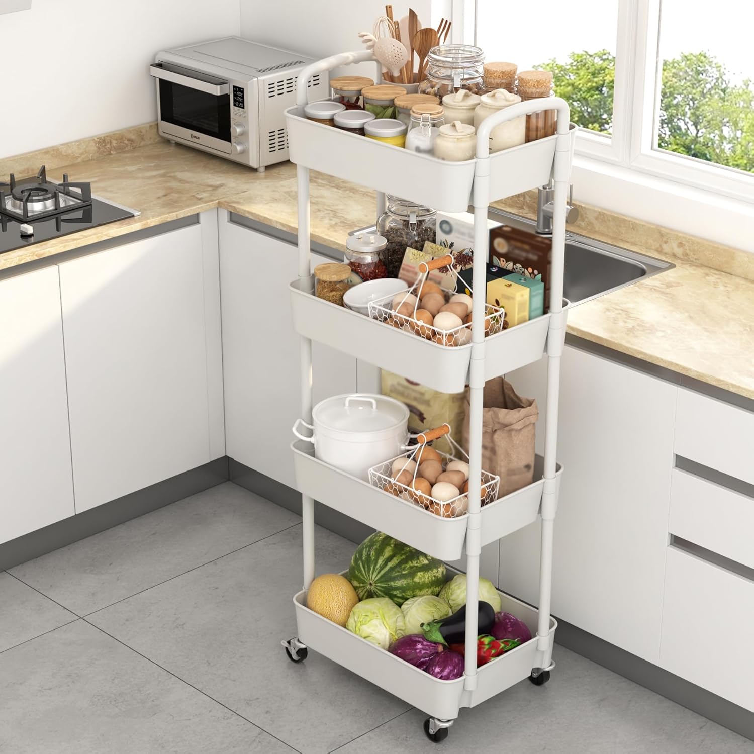 Sywhitta 4-Tier Plastic Rolling Utility Cart with Handle, Multi-Functional Storage Trolley for
