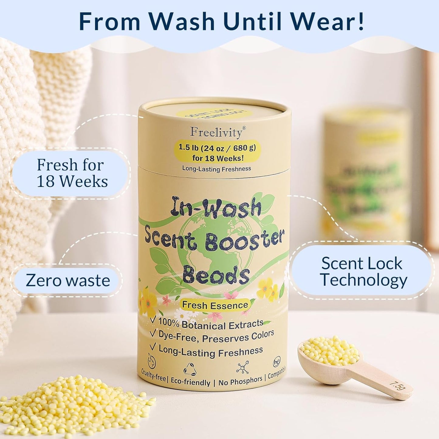 Freelivity In‑Wash Scent Booster Beads – Fresh Essence Scent, Laundry Beads fabric softener, 24 oz