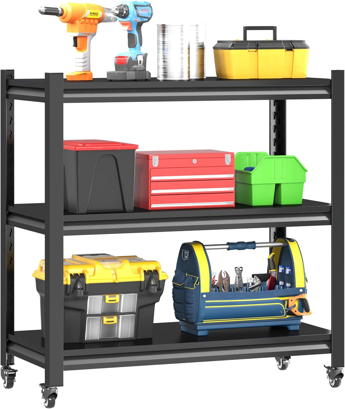 3 Tier Adjustable Garage Storage Shelving,Heavy Duty Utility Rack Shelf Unit on 4 Wheel