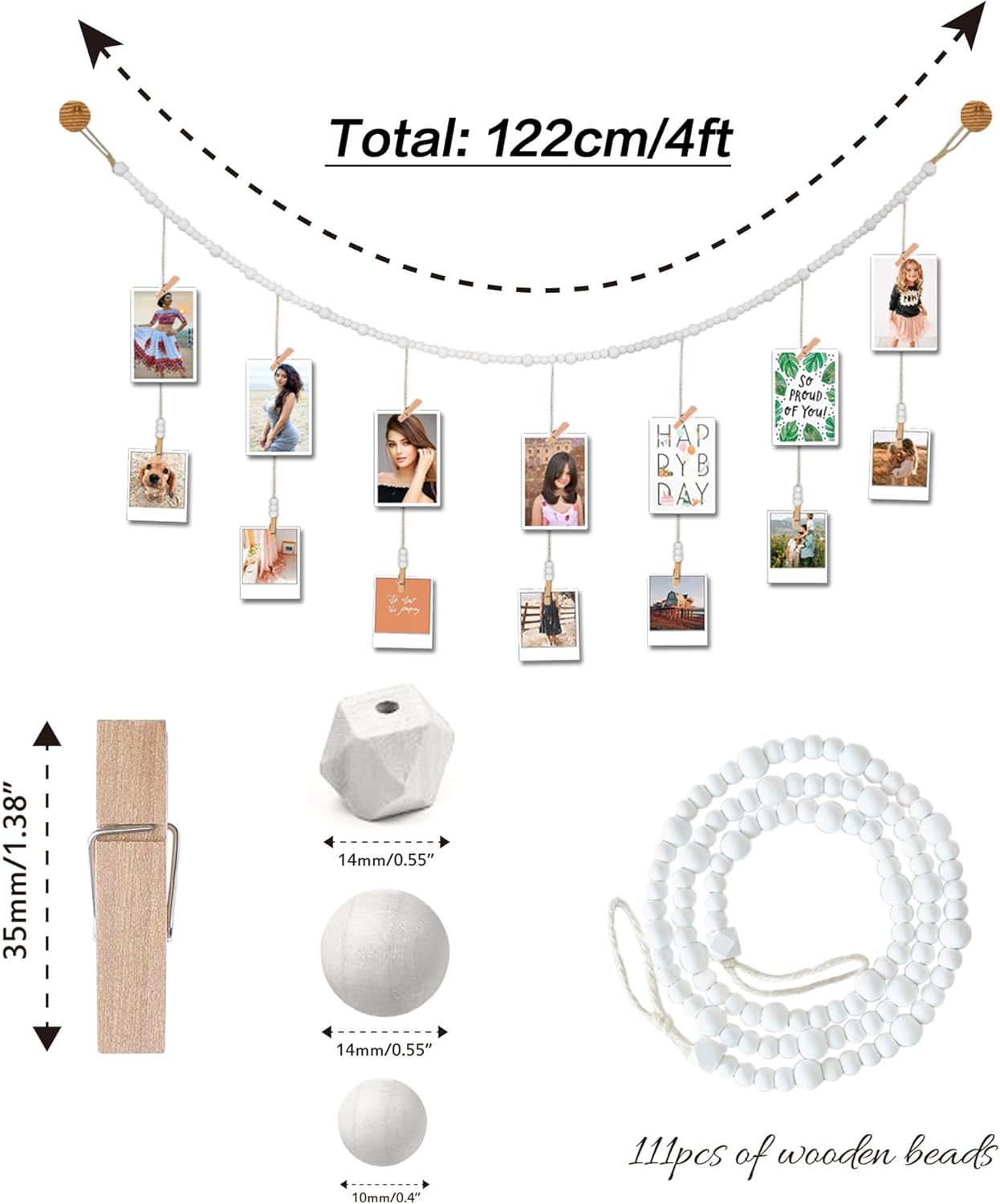 4 Feet Wooden Beads Garland with Clothespins Picture Cards Holder - Country Farmhouse Christmas