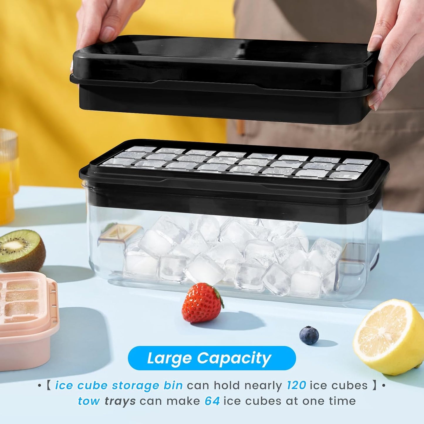 Ice Cube Tray with Lid and Bin, PHINOX 64 pcs Ice Trays for Freezer, Ice Cube Trays for Freezer