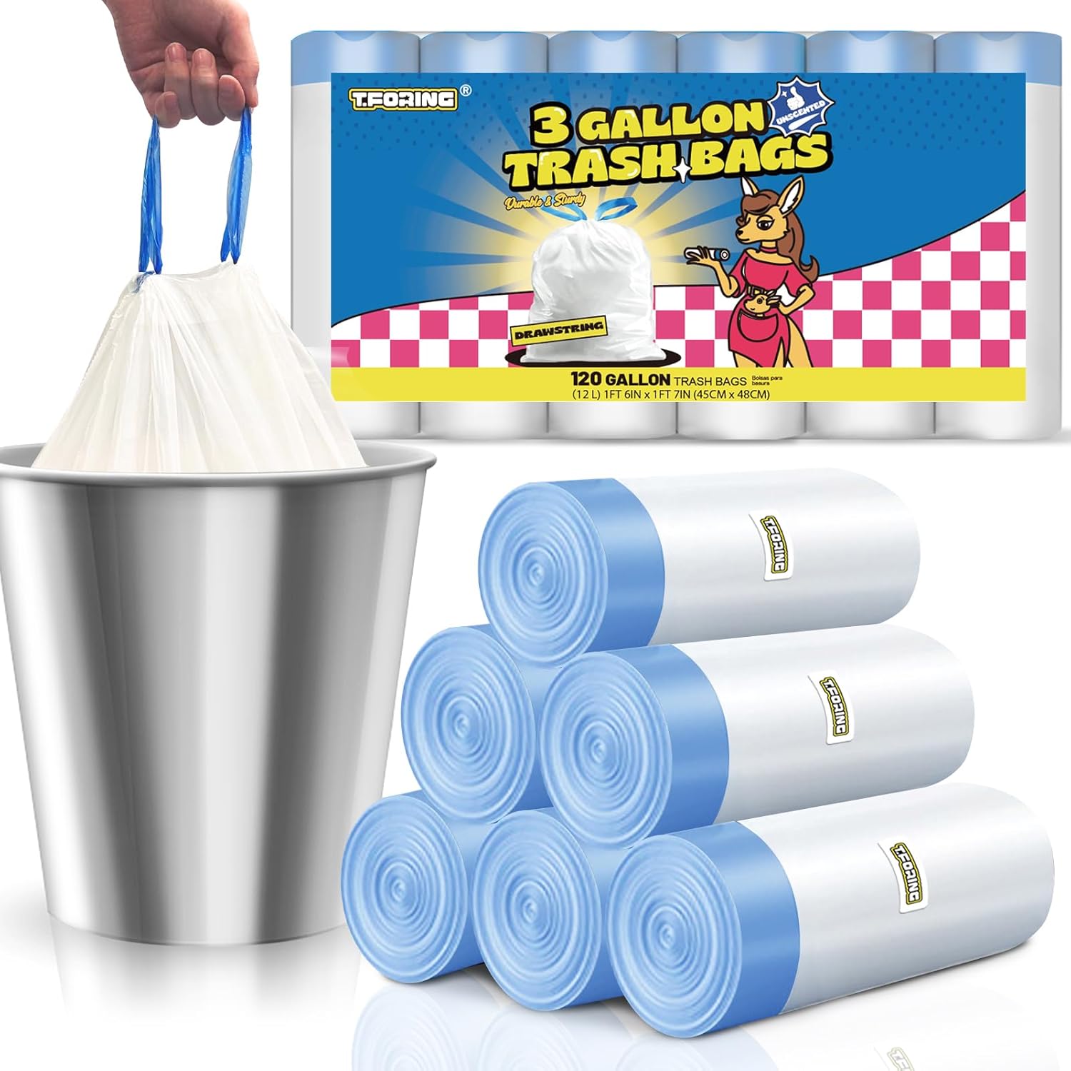 3 Gallon Trash Bags Drawstring 0.96 Mil - 120 Count 12 Liter Small Garbage Bags for Bathroom