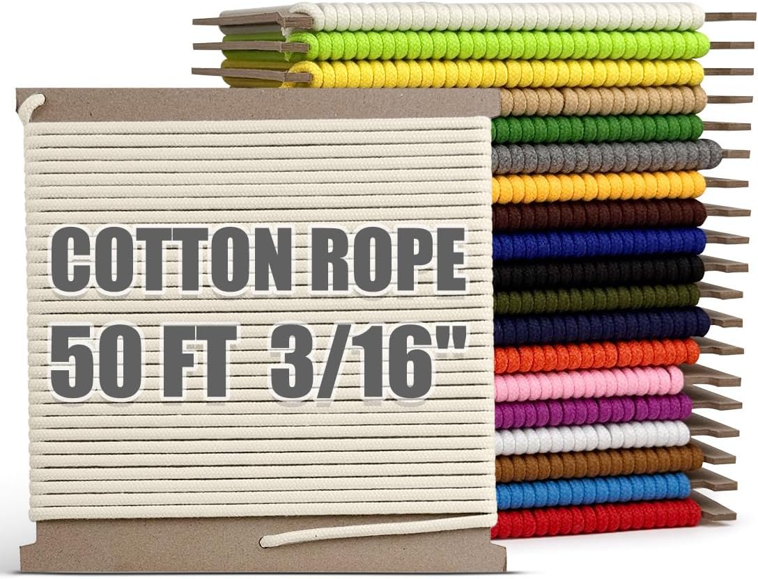 PerkHomy 500lb Cotton Rope 3/16" (5mm) 50 ft Multi Purpose Utility Diamond Braided Cord, Natural