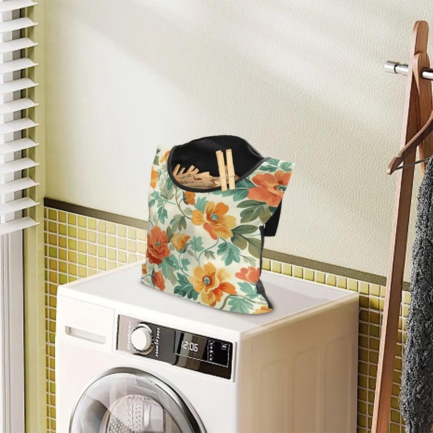 Art Flower Clothespin Bag Clothes Pin Hanging Bag Clothespin Bag with Hanging Hook 12 x 14.6 Inch