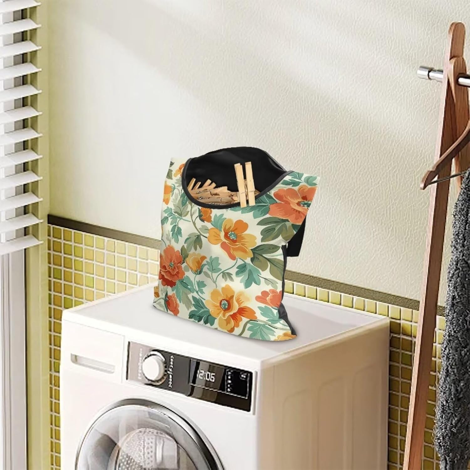 Art Flower Clothespin Bag Clothes Pin Hanging Bag Clothespin Bag with Hanging Hook 12 x 14.6 Inch