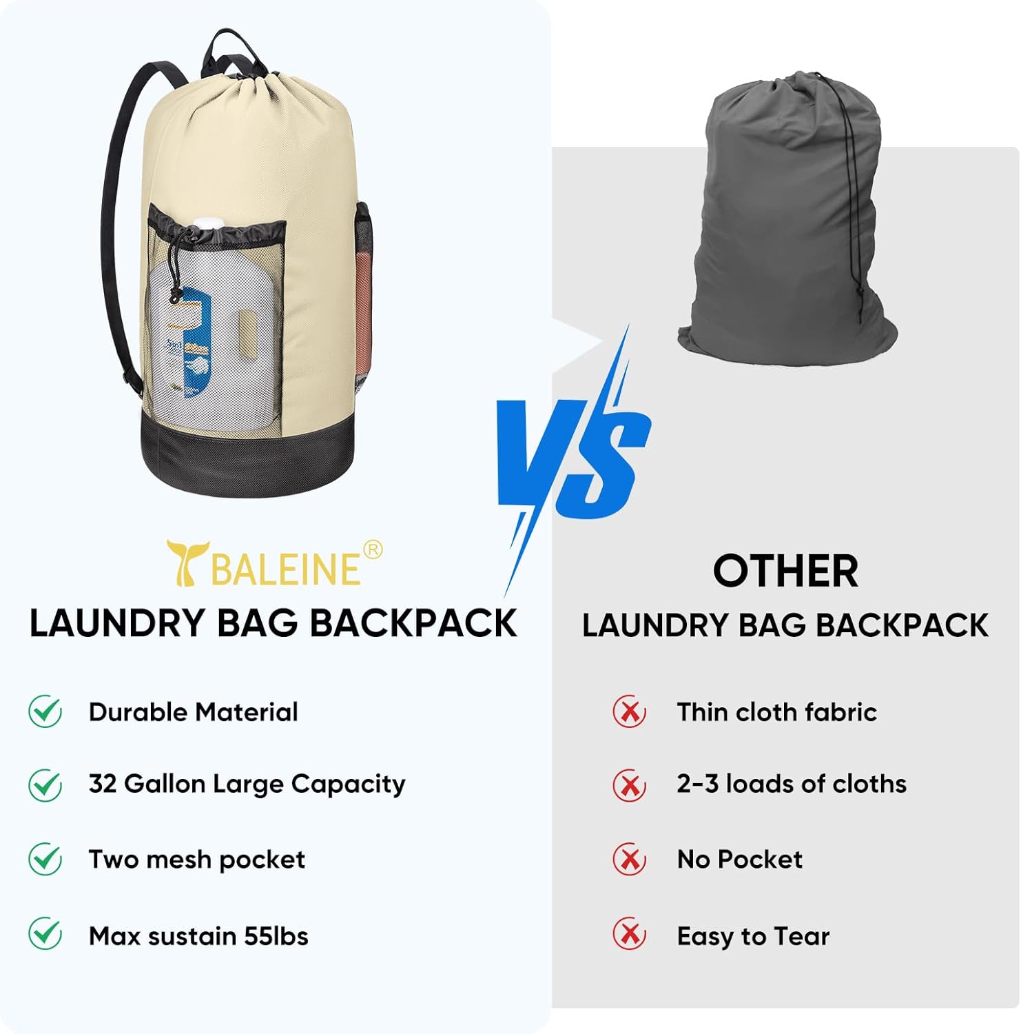 BALEINE 150L Laundry Bag Backpack, 900D Oxford Fabric Large Travel Laundry Bags with Shoulder