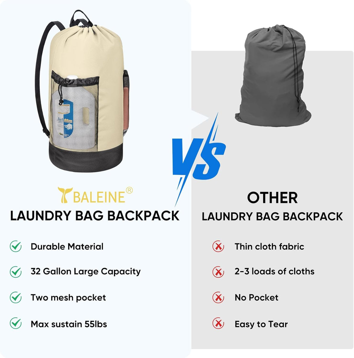 BALEINE 120L Laundry Bag Backpack, 900D Oxford Fabric Large Travel Laundry Bags with Shoulder