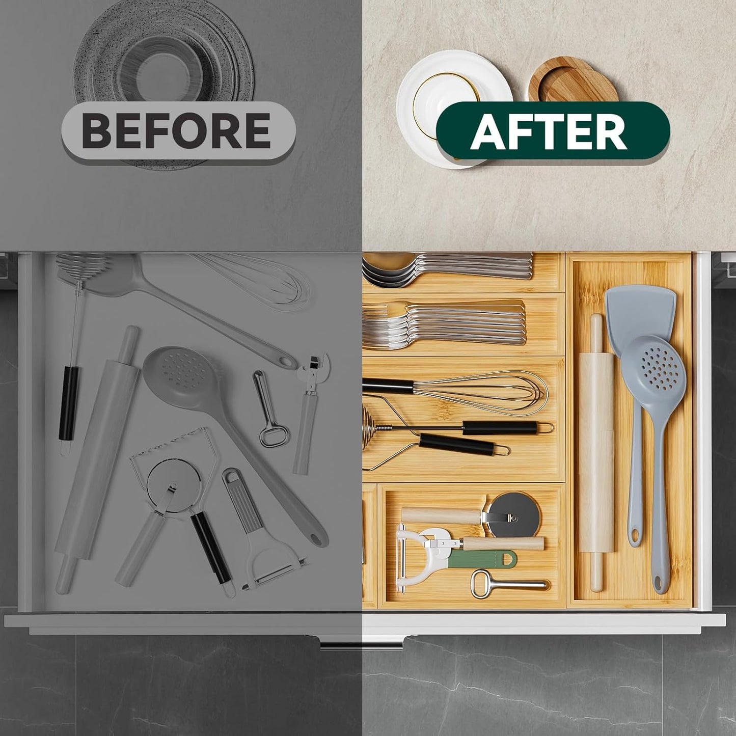 Bamboo Drawer Organizer, Narrow Stackable Cutlery Tray for Kitchen, 2 Pcs Silverware & Utensil Box