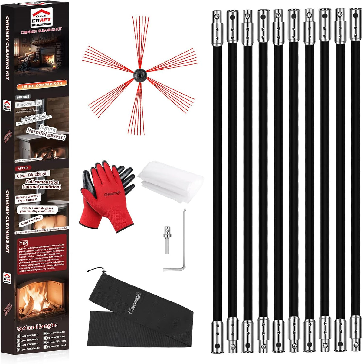 33 Feet Chimney Sweep Kit, Chimney Cleaning Kit with 10 Flexible Black Chimney Rods, Chimney Brush
