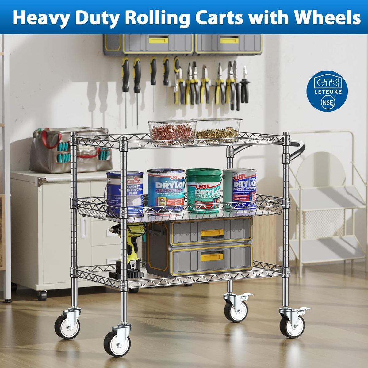 Leteuke Heavy Duty 3 Tier Rolling Utility Cart,NSF Certified 990Lbs Capacity Rolling Carts with