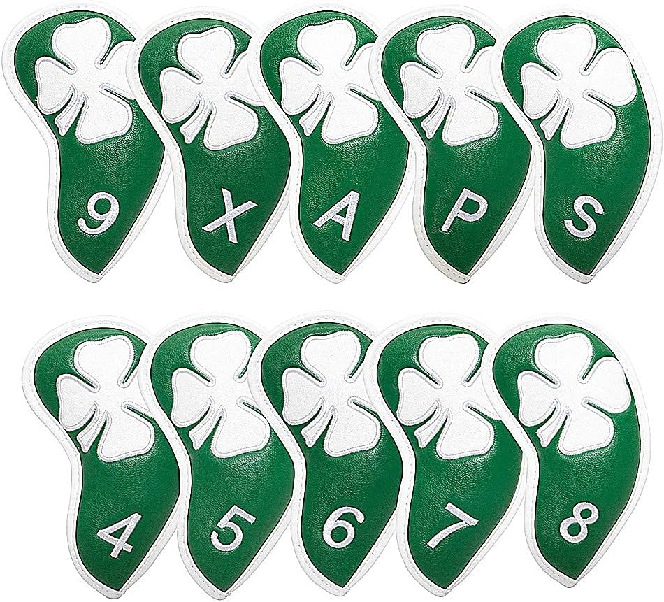 Lucky Clover Golf Iron Club Head Covers Headcovers Set, 10pcs Leather Golf Headcovers for Irons