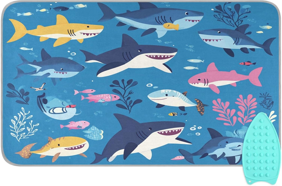 Sharks Fishes and Seaweed Blue Ironing Mat Thickened Ironing Blanket Travel Portable Double-Side