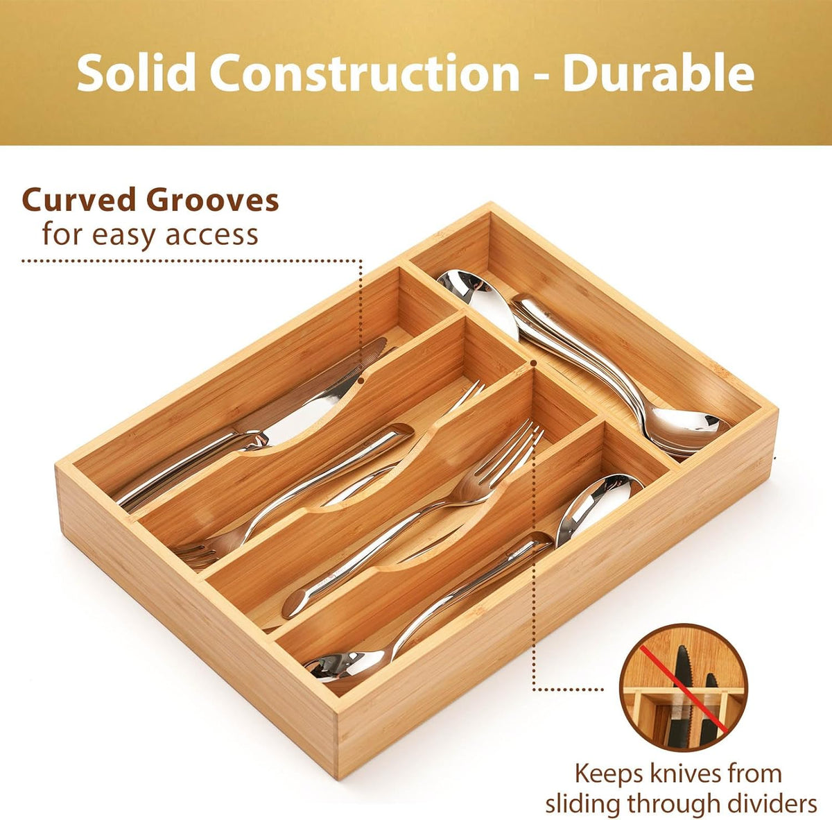 Umilife Bamboo Kitchen Drawer Organizer, 8.25 Inch Silverware Utensils Tray Holder for Small