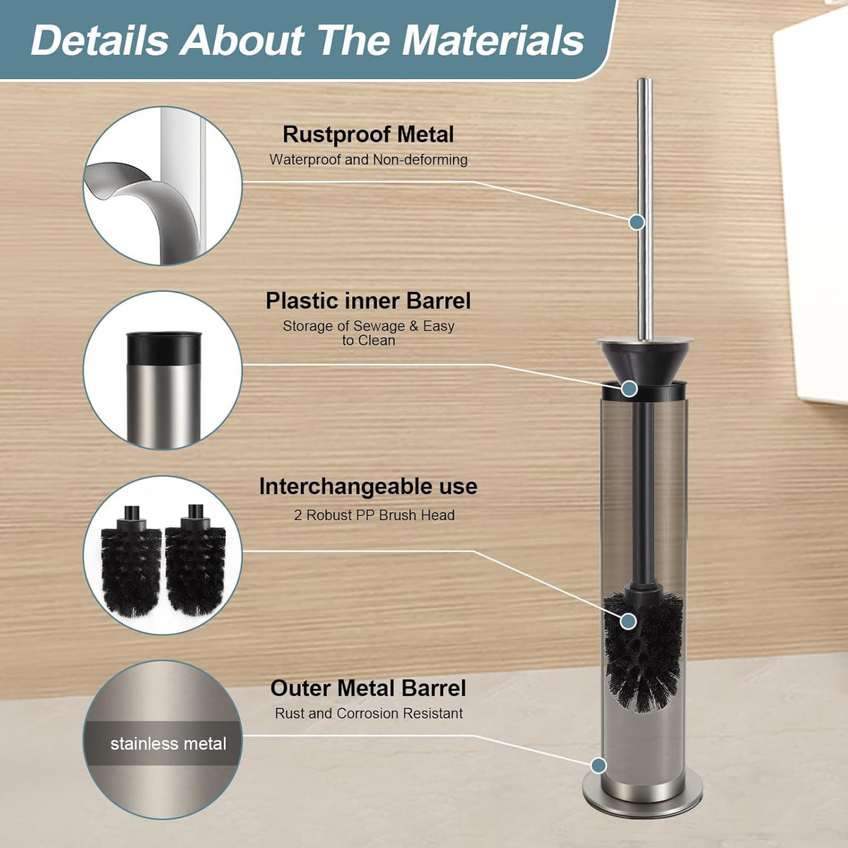 BGL Toilet Brush and Holder Set, Heavy Duty 304 Stainless Steel, Round Base and Long Handle for