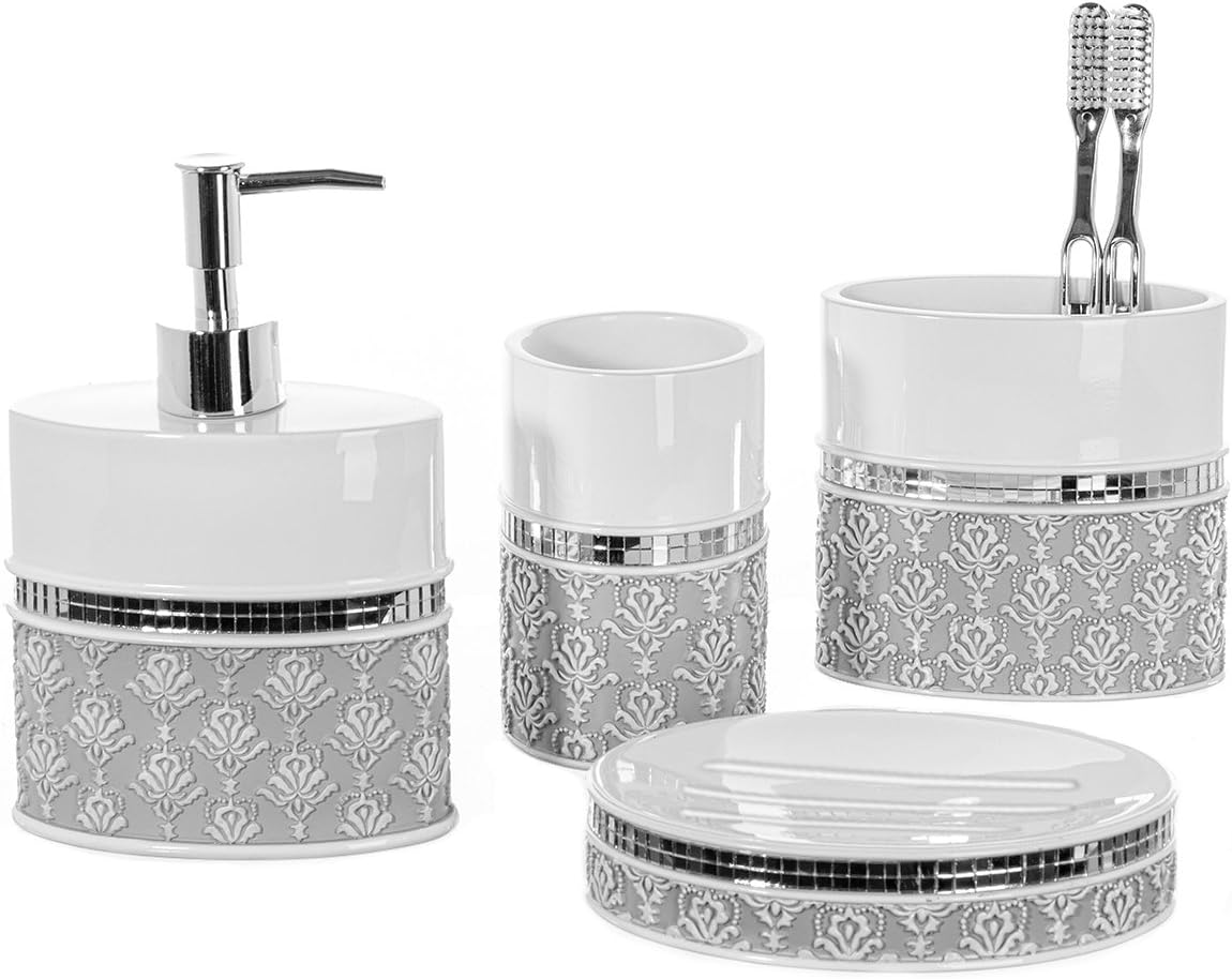Creative Scents Mirror Damask Bathroom Accessory Set Complete - Decorative 4 Piece White and Gray