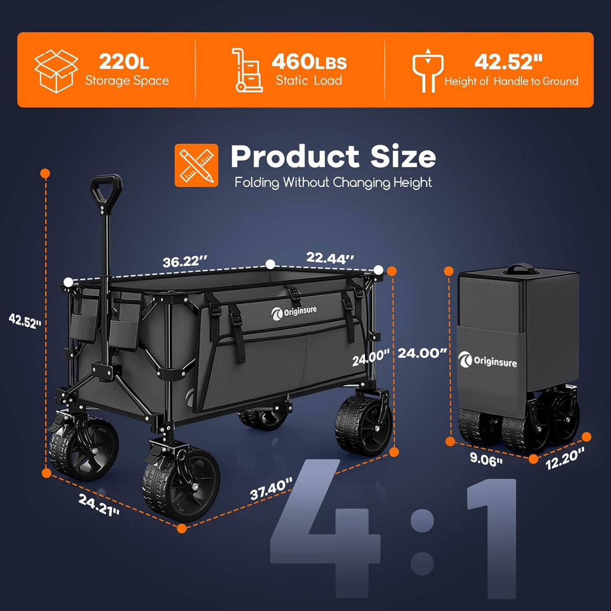 220L Collapsible Wagon Cart Foldable, 460lbs Load Capacity Heavy Duty Folding Beach Wagons with Big