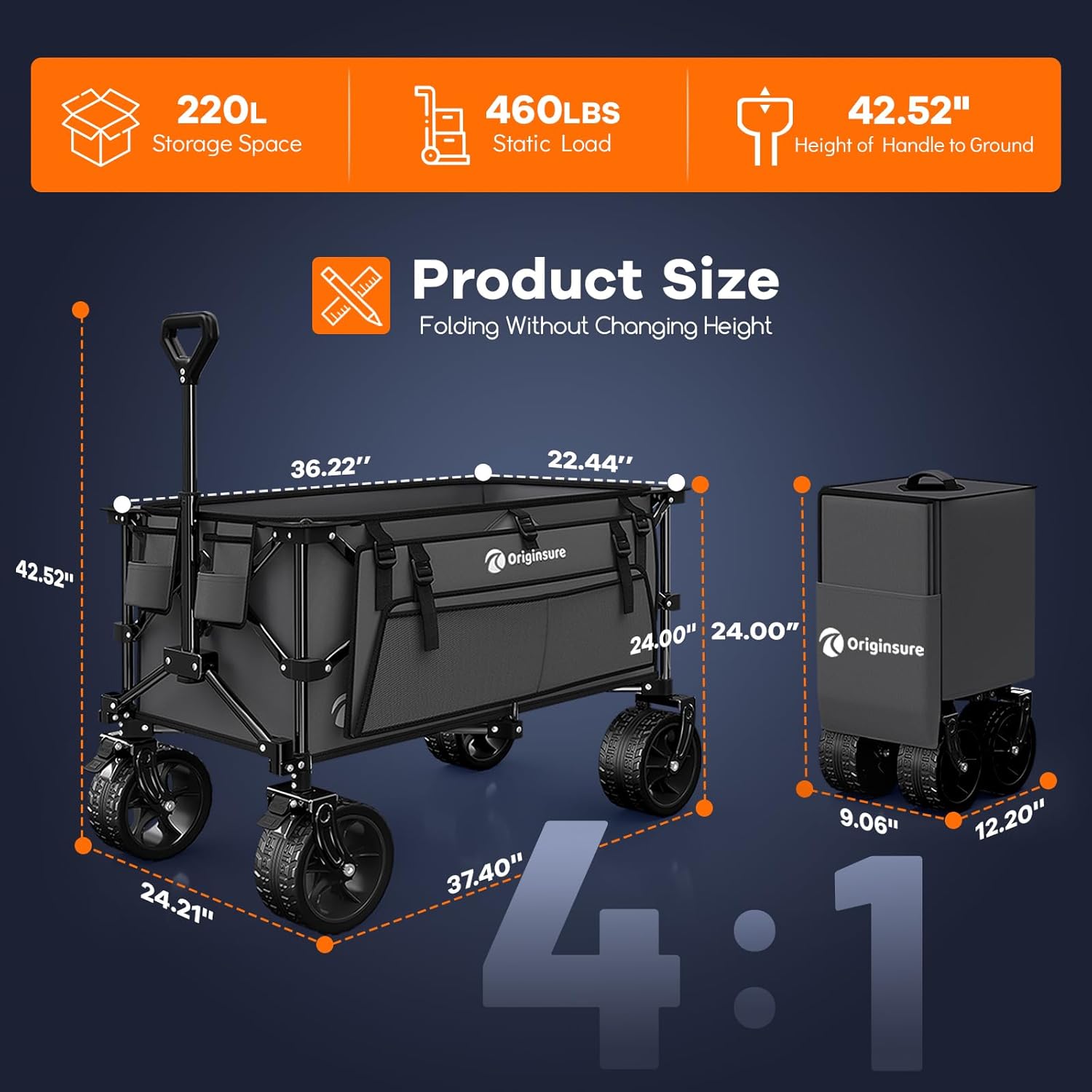 220L Collapsible Wagon Cart Foldable, 460lbs Load Capacity Heavy Duty Folding Beach Wagons with Big