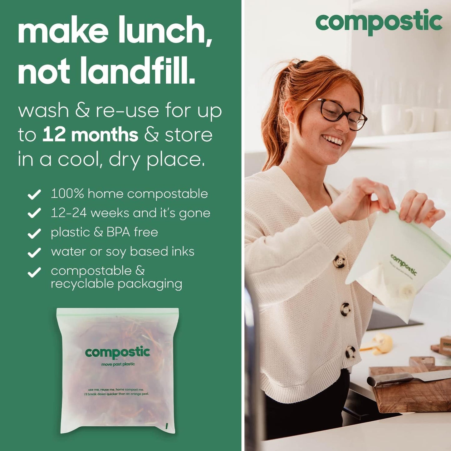 Compostic Home Compostable Resealable Gallon Bags (10.5"x10.5"), Microwave & Freezer Safe, Organic