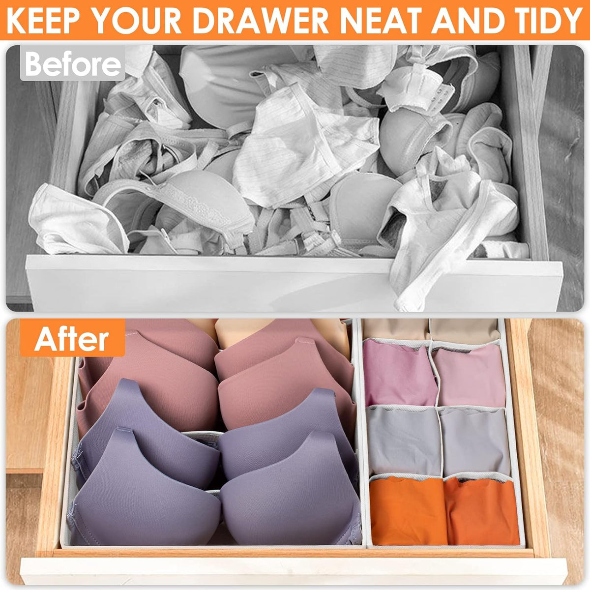 6 Pack Sock Underwear Drawer Organizer Dividers, 58 Cell Foldable Fabric Dresser Closet Organizers