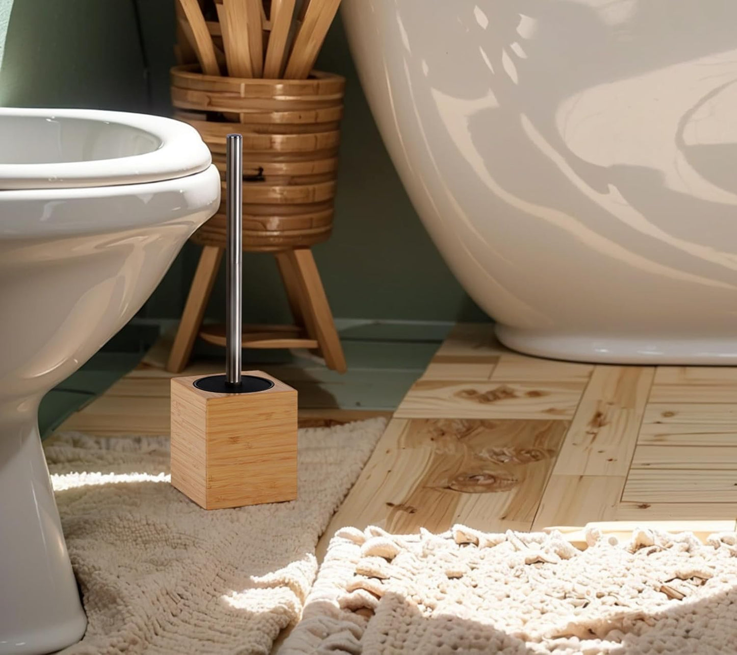 Toilet Bowl Brush Holder with Bamboo and Stainless Steel for Durable Use, Toilet Scrubber Brush