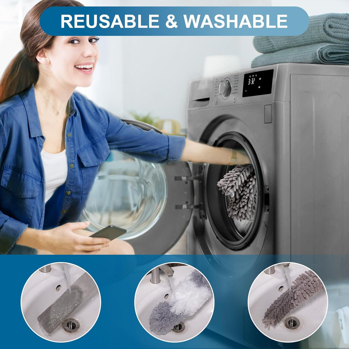 Microfiber Duster, 4PCS with Extension Pole(Stainless Steel) 30 to 100 Inches, Reusable Bendable