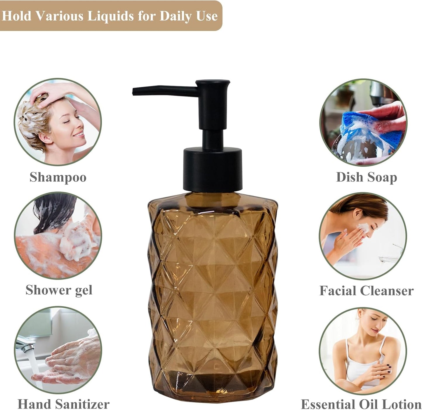 Brown Bathroom Soap Dispenser with Black Plastic Pump, 12oz Glass Lotion Dispenser, Crystal Hand