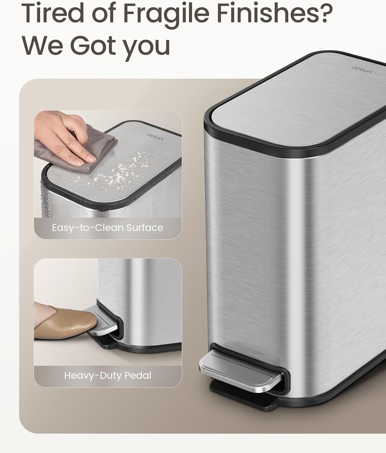 Cesun Small Bathroom Trash Can with Lid Soft Close, Step Pedal, 5 Liter / 1.3 Gallon Stainless