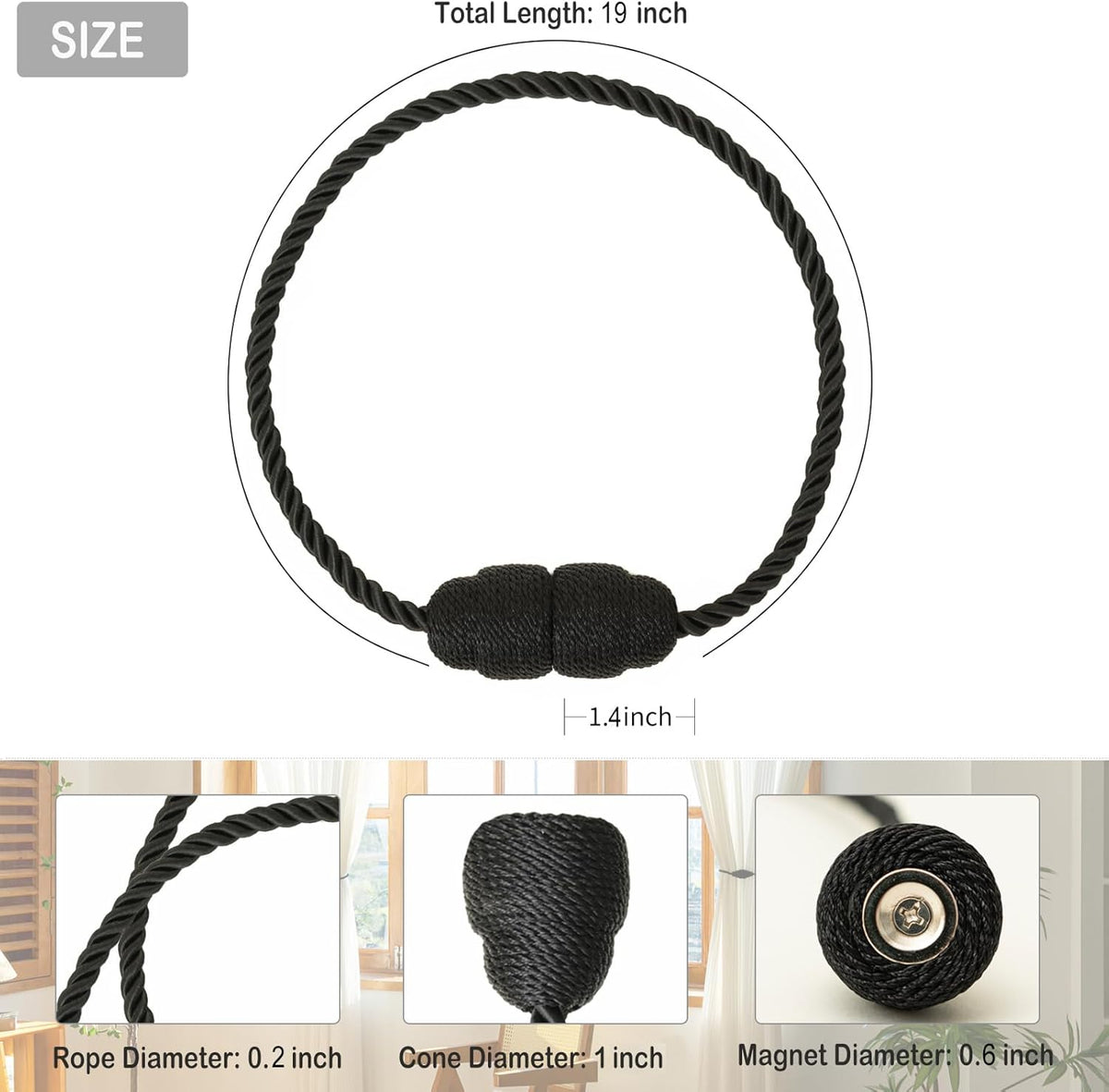 Magnetic Curtain Tiebacks Rope Curtain Tie Backs for Curtains 8 Pack Curtain Holders for Drapes