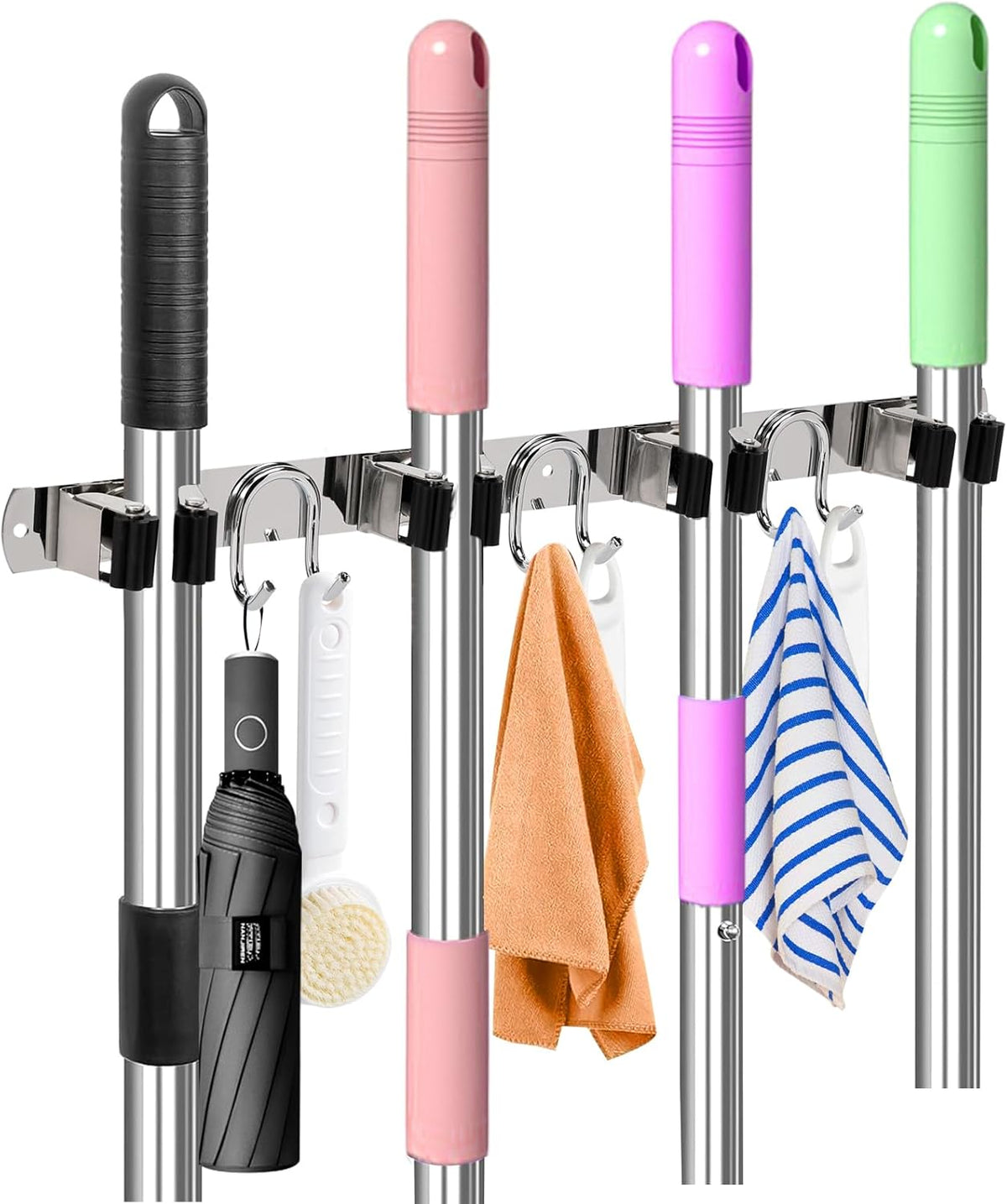 Mop Broom Holder Wall Mount, Silver Stainless Steel Tool Storage Organizer for Kitchen Garden