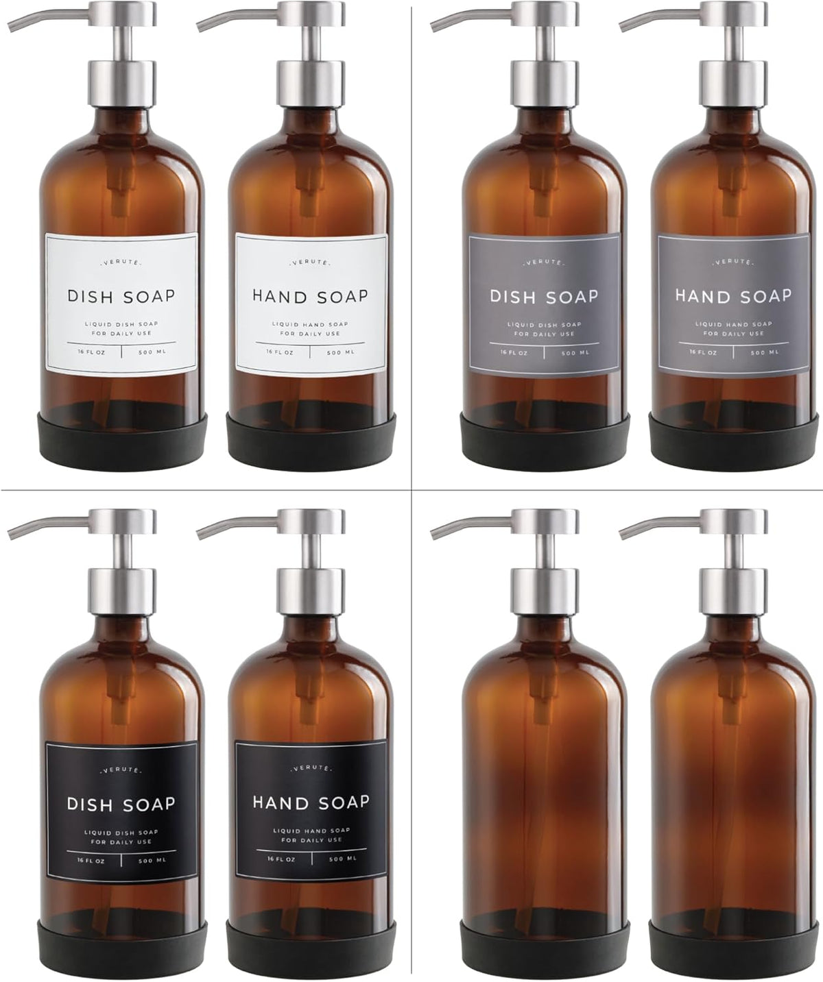 16oz Glass Soap Dispenser with Stainless Steel Pump, 21 Waterproof Labels, Non-Slip Protective