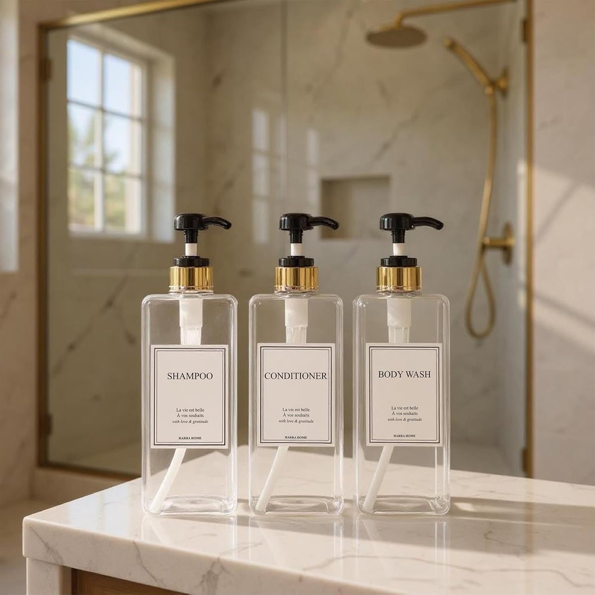 Modern Gold Design Large 27 oz Shampoo and Conditioner Dispensers - Empty Plastic Refillable Pump