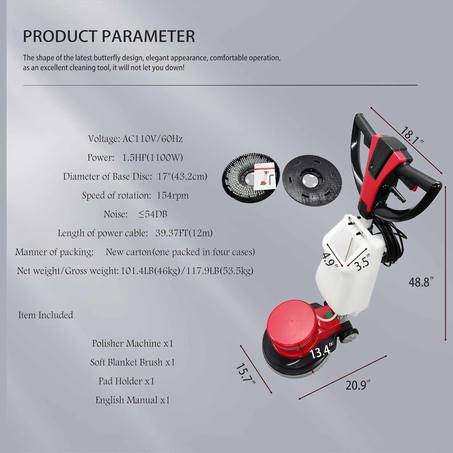 1100W Red Floor Polisher Commercial Floor Cleaner Polishing Machine Carpet Buffer Scrubber with