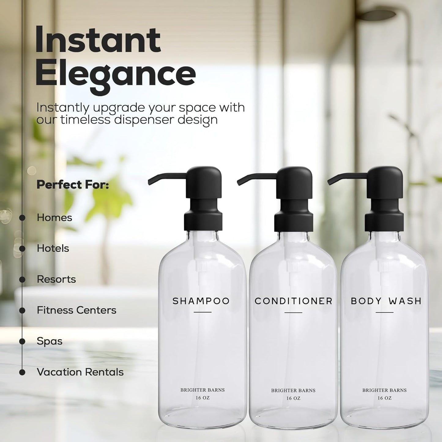 Clear Shampoo and Conditioner Dispenser Set by Brighter Barns - Body Wash, Shampoo Dispenser for