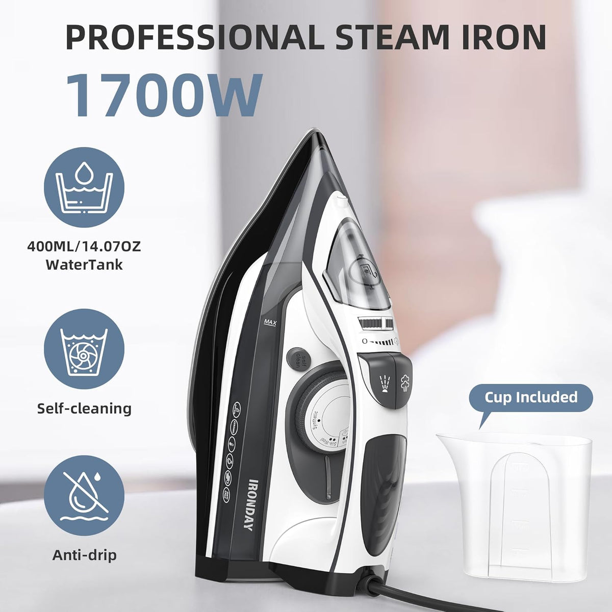 Steam Iron for Clothes Rapid Heating, 1700W Iron with Non-Stick Ceramic Soleplate, 3-Way Auto-Off