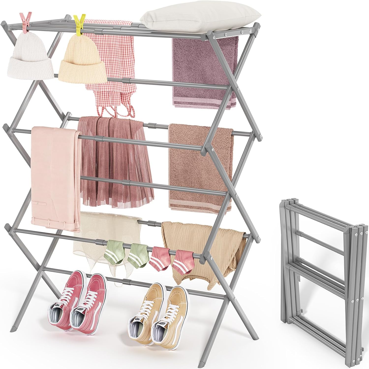 APEXCHASER Clothes Drying Rack, 3-Tier Laundry Drying Rack for Clothes, Expandable Metal Clothing