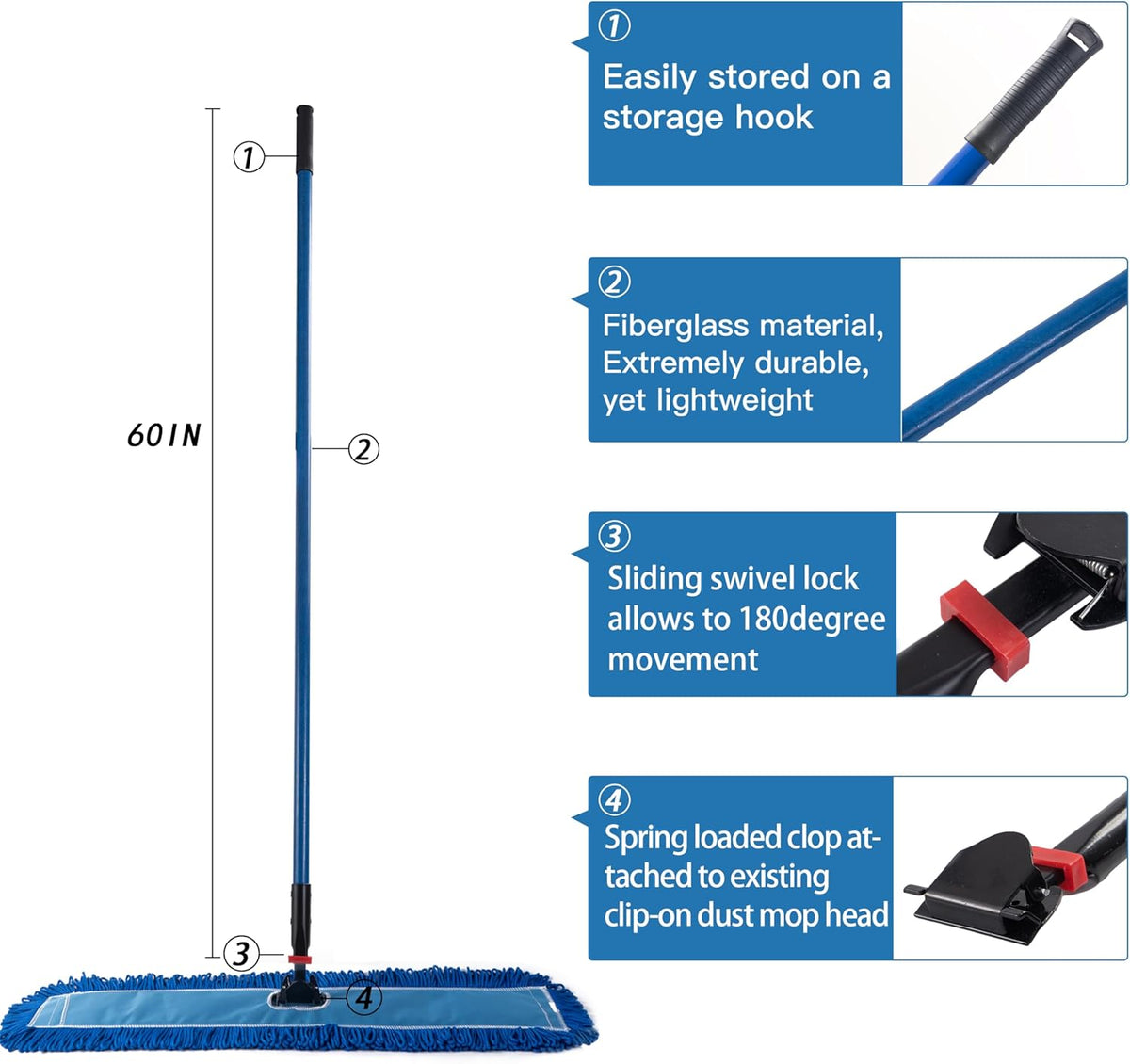 Matthew Cleaning Jaw Clamp Mop Handle, Snap-On Fiberglass Dust Mop Handle for Floor Cleaning
