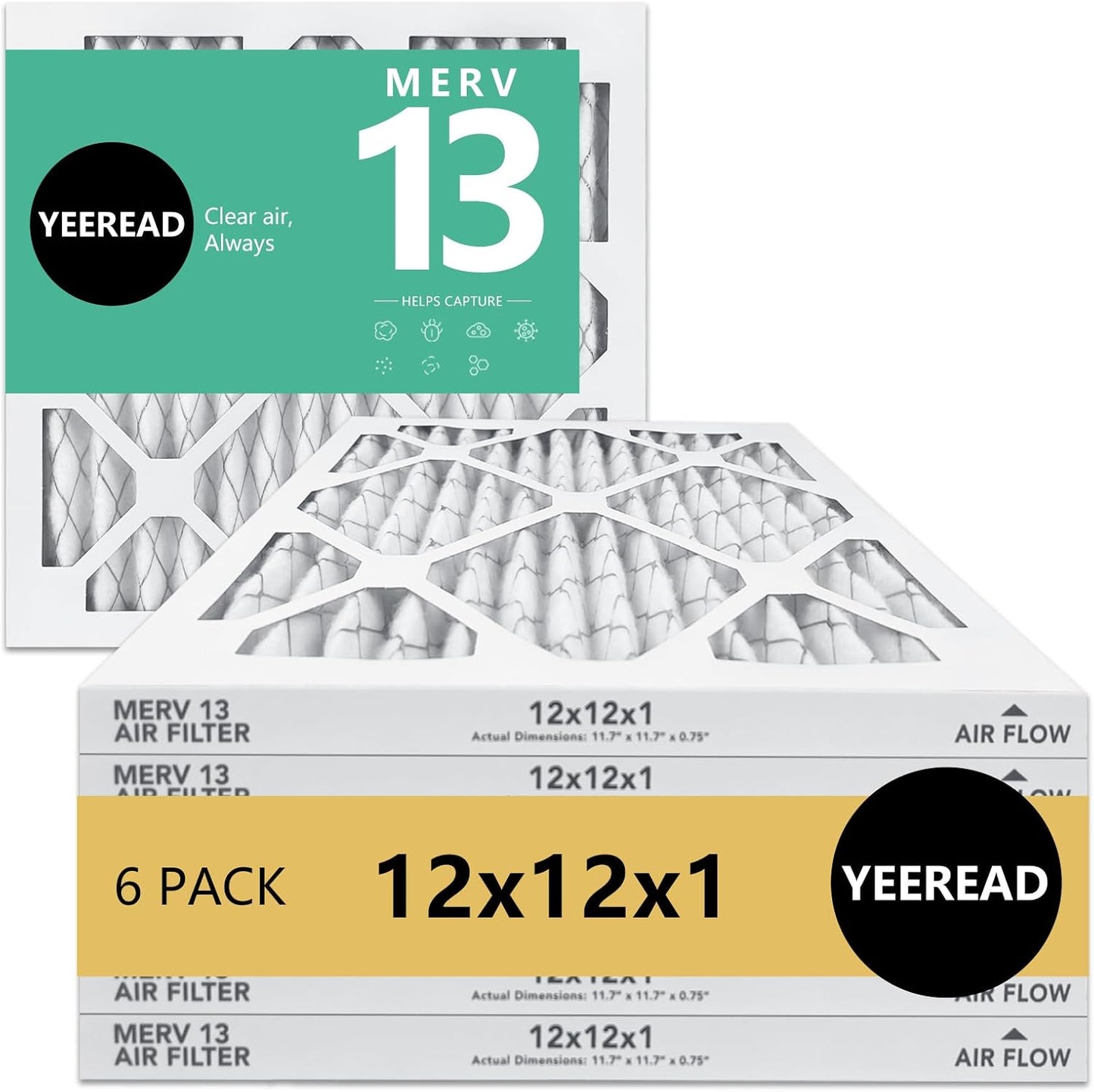 12x12x1 MERV 13 Air Filters, 6-Pack, Actual Size: 11.7" x 11.7" x 0.75", Pleated Design with