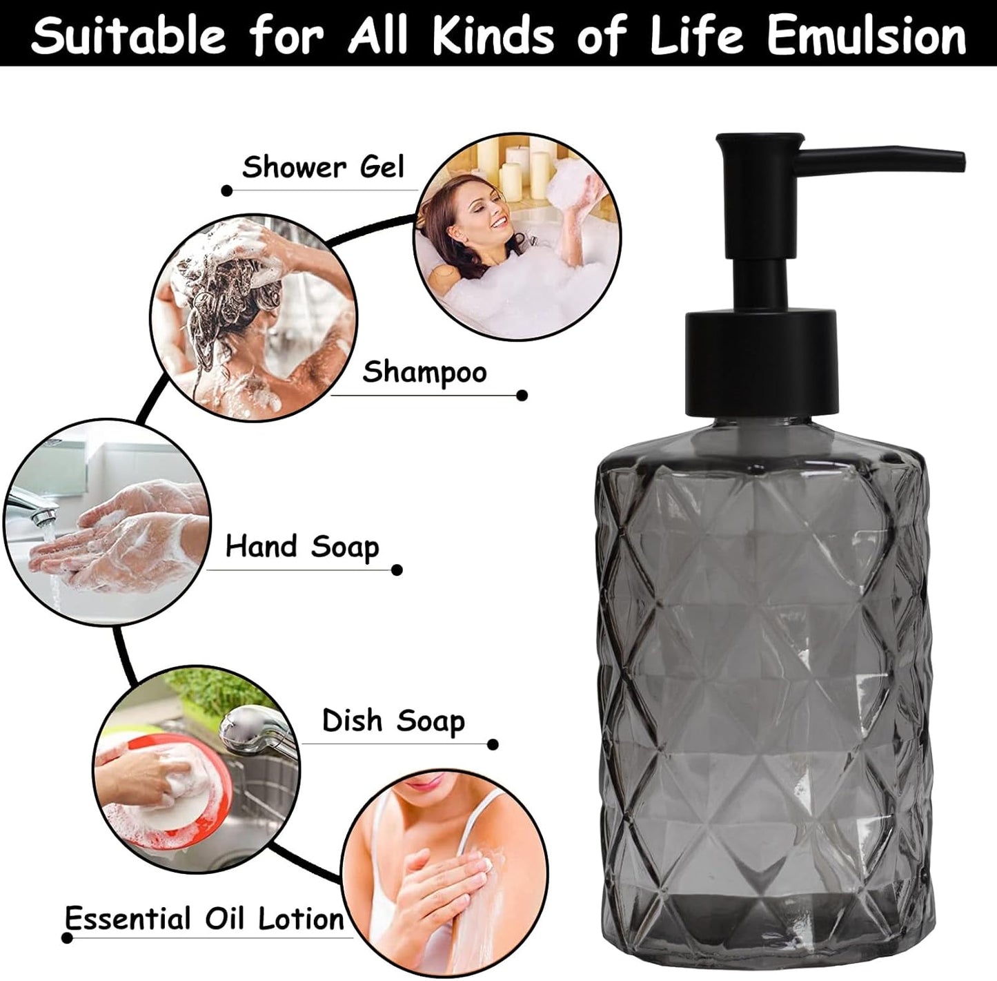 Glass Soap Dispenser with Black Plastic Pump, 12oz Refillable Liquid Hand Soap Dispenser, Crystal