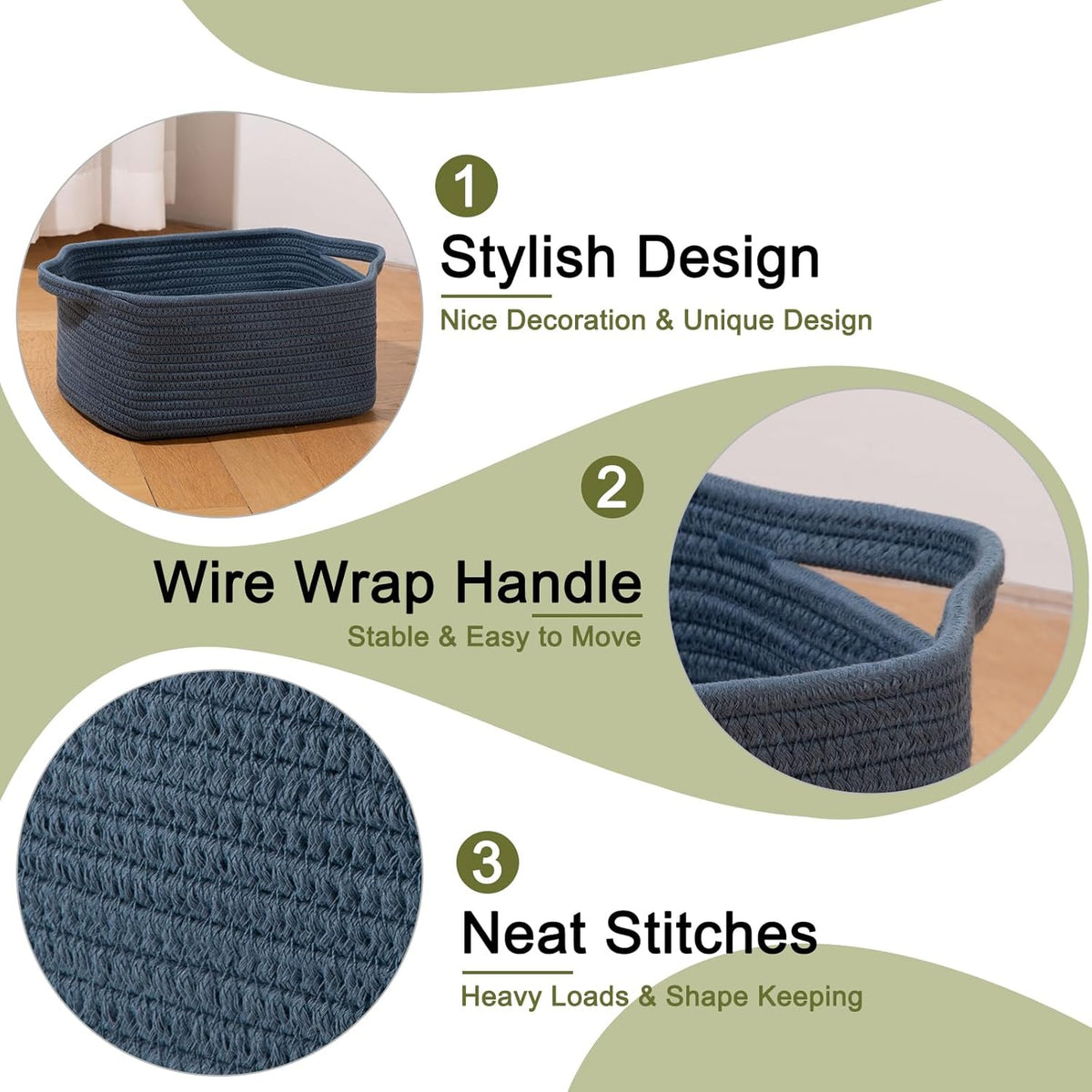 OIAHOMY Cotton Rope Woven Baskets for Storage, Nursery Rectangle Storage Basket with Handles for