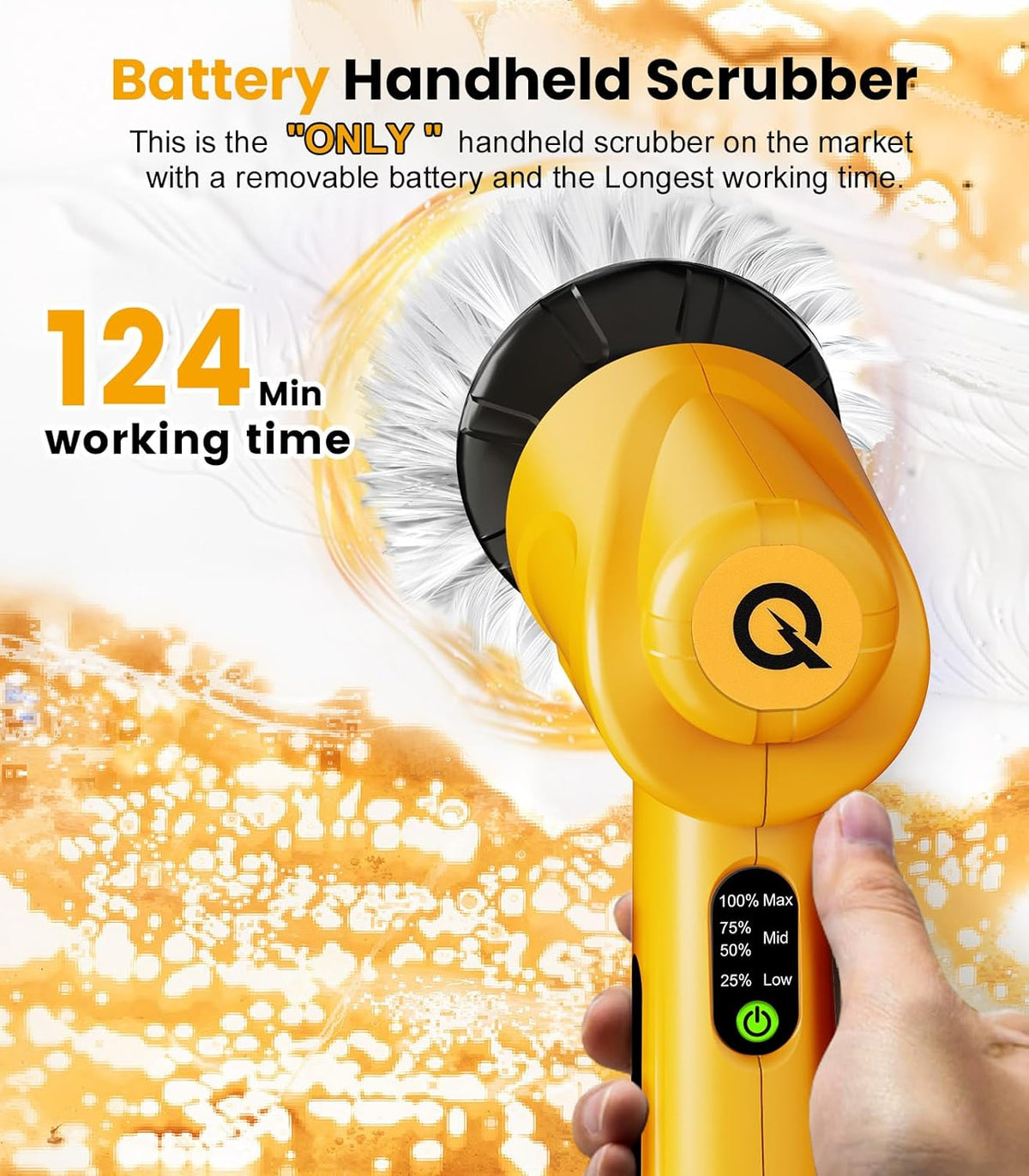 qimedo Battery Electric Spin Scrubber Q4, 800RPM Handheld Scrubber for Cleaning with Display, Power