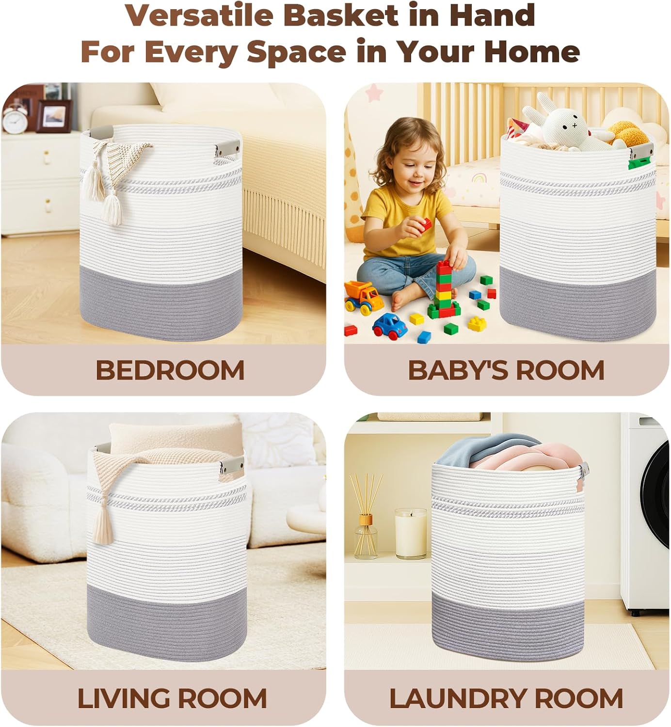 Laundry Basket with Handles - Blanket Basket & Hampers for Bedroom Aesthetic, Laundry Hamper &