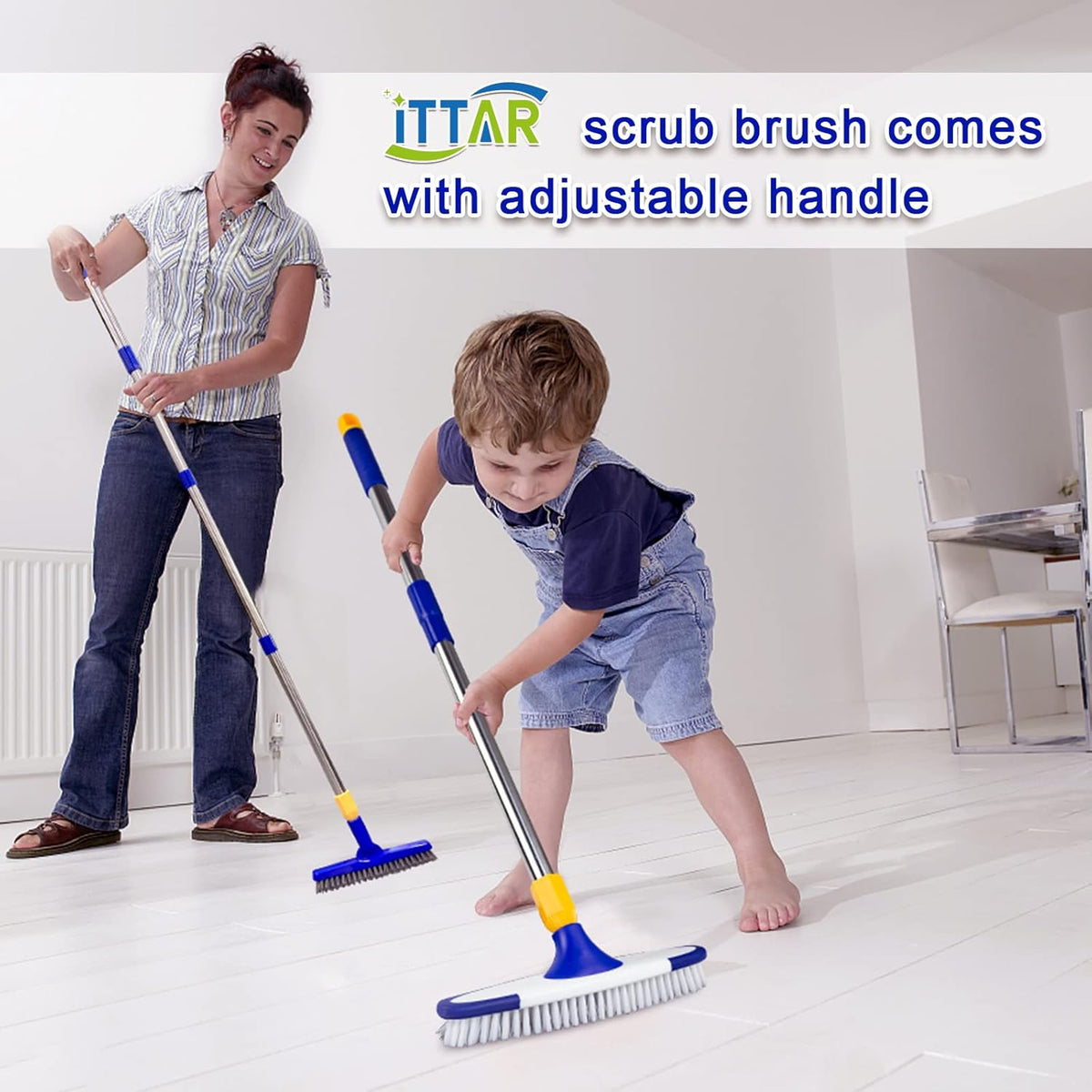 ITTAR Grout & Scrub Brush Combo, Floor Scrubber with Long Handle, Multi-Purpose Stiff Bristles