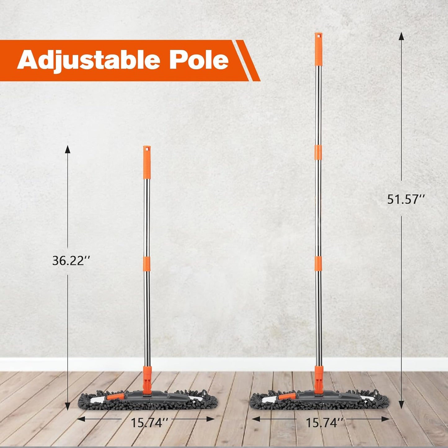 Dust Mop for Floor Cleaning with 3 Washable Pads (Chenille, Terry Cloth, Microfiber) and 55” Long