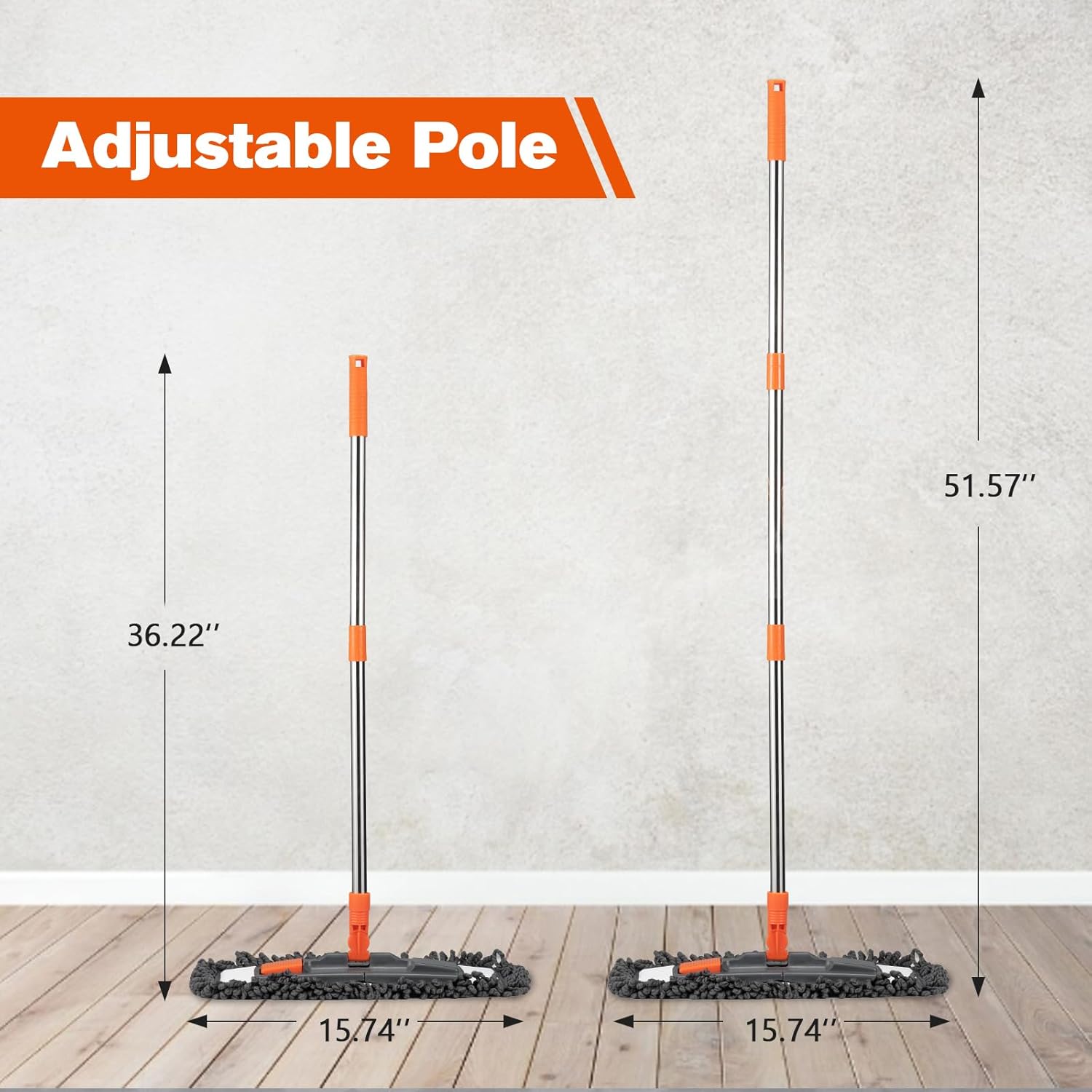 Dust Mop for Floor Cleaning with 3 Washable Pads (Chenille, Terry Cloth, Microfiber) and 55” Long