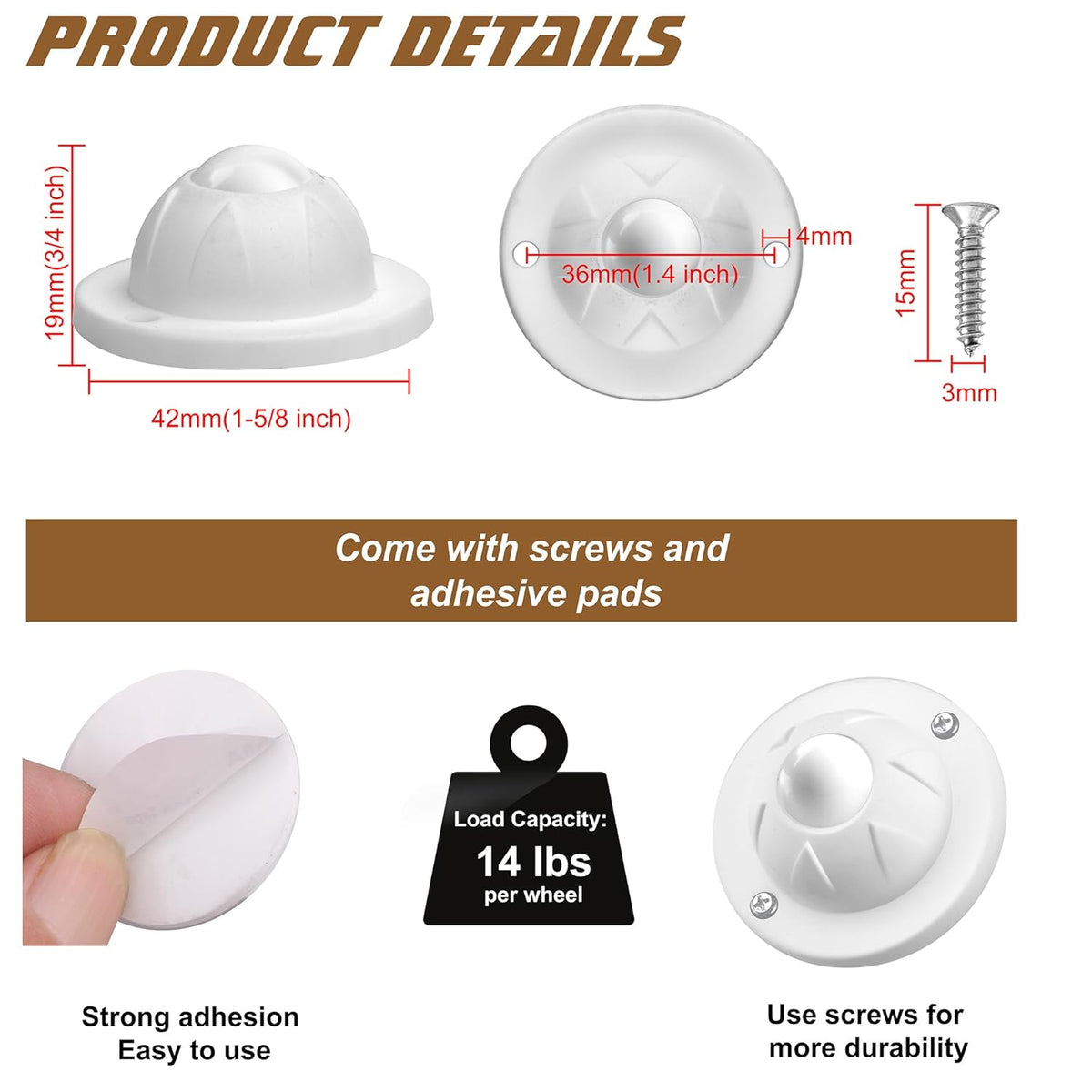 PlusRoc 8 Pack Self Adhesive Caster Wheels For Kitchen Appliance Rollers, Load Capacity 14LBS Per